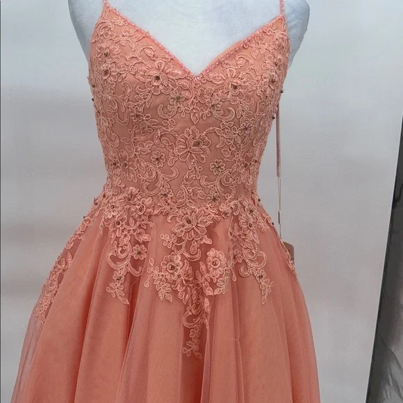 JJ’s House Coral Tulle Lace Embroidered Fit Flare Dress Spaghetti Strap US 2 - Picture 5 of 11